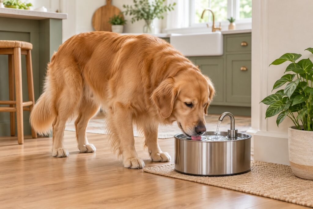 Golden retriever drinking from a stainless steel dog water fountain