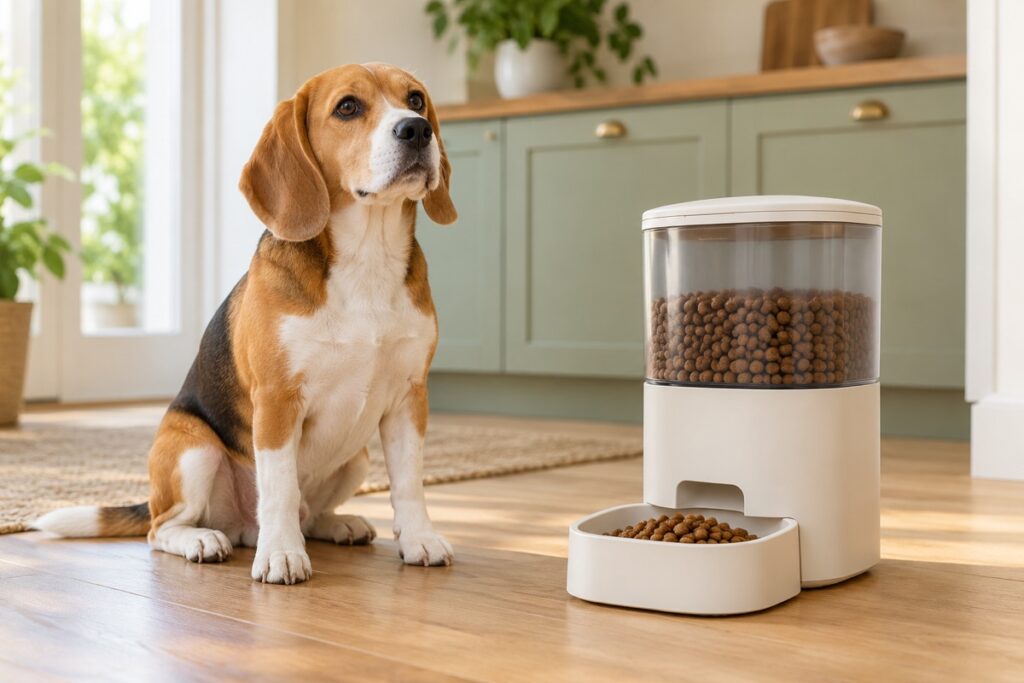 Beagle beside a generic automatic dog feeder in a bright kitchen