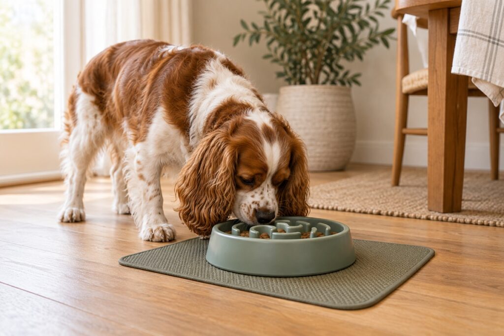 Spaniel eating from a maze-pattern slow feeder bowl