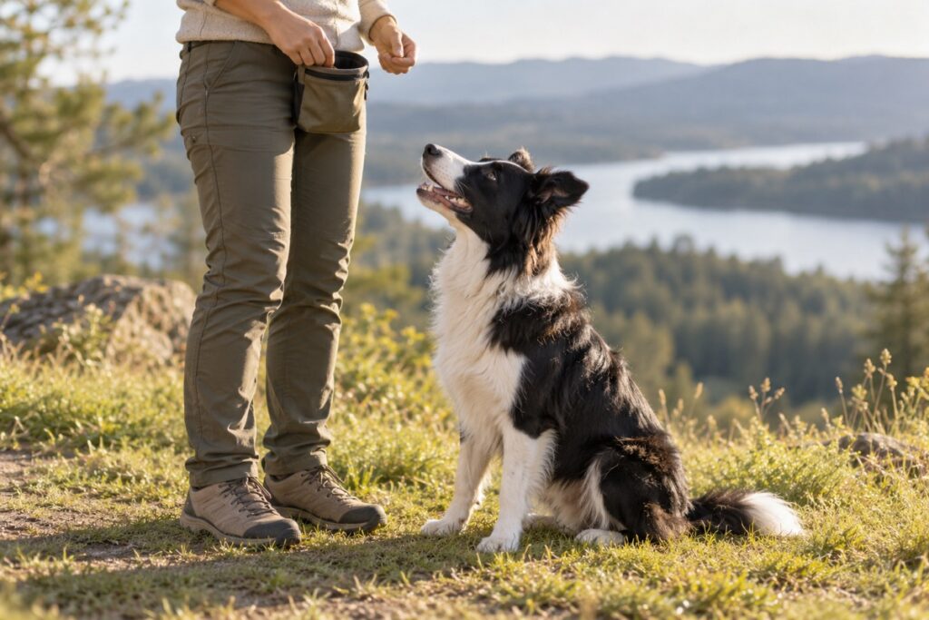 Border collie practising reward-based training beside a treat pouch