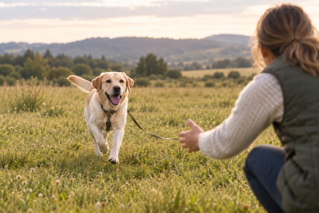 Labrador practising recall on a long-line dog leash