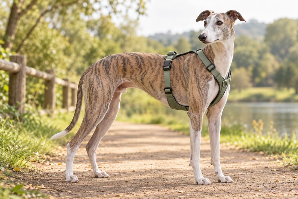Greyhound wearing a secure three-strap escape-proof dog harness