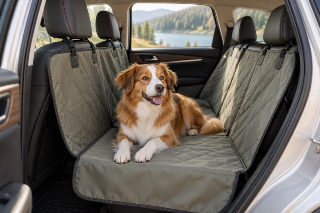 Dog resting on a waterproof hammock-style car seat cover