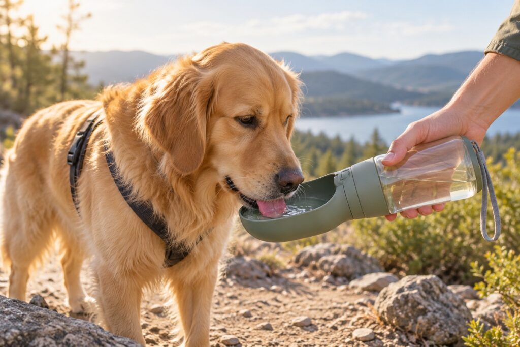 Golden retriever drinking from a portable dog water bottle