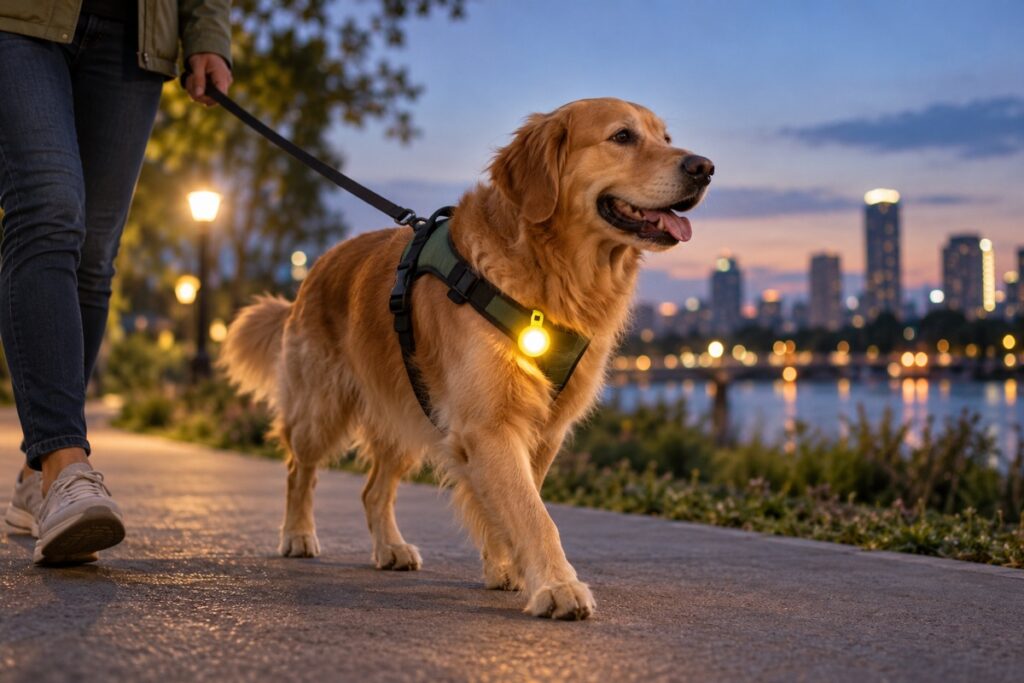 Dog wearing a glowing clip-on safety light during an evening walk