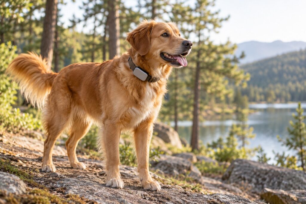 Dog wearing a collar-mounted GPS tracker in a wooded park