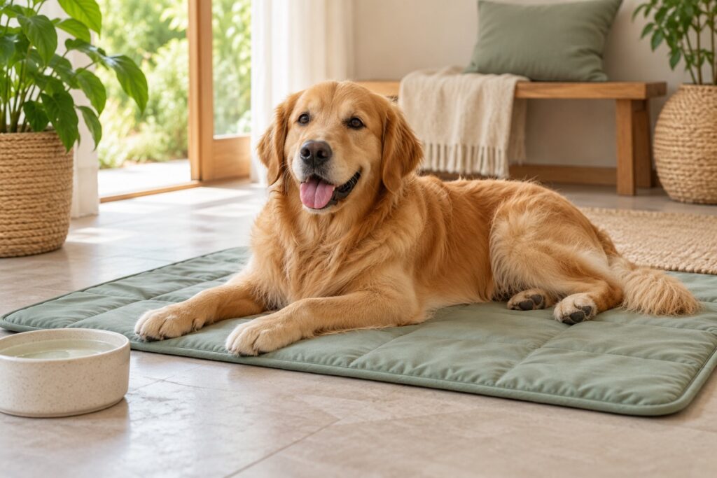 Golden retriever resting on a sage cooling mat indoors