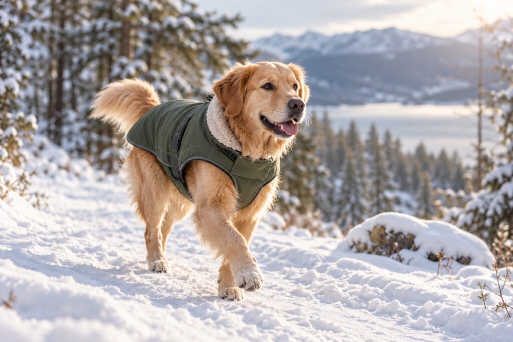 Golden retriever wearing a warm winter coat on a snowy trail