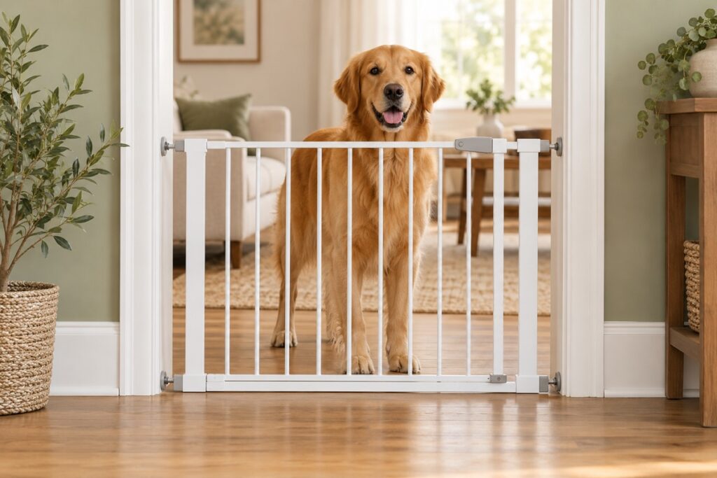 Dog standing safely behind a walk-through indoor pet gate