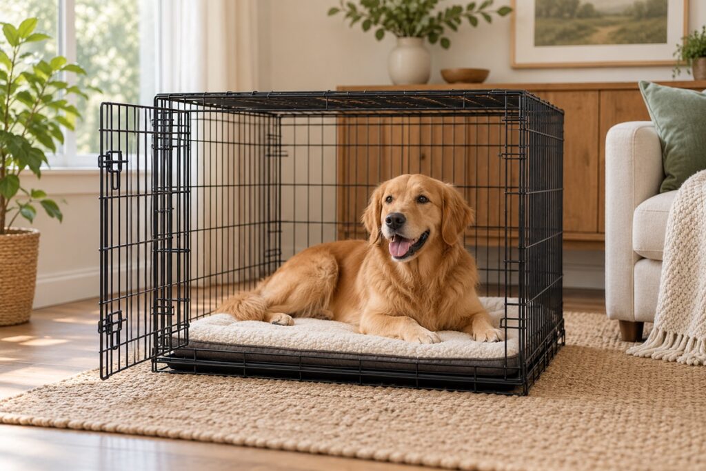 Relaxed dog inside a correctly sized open folding crate