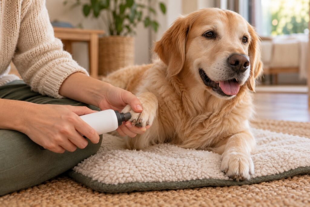Calm dog having its nails trimmed with a cordless nail grinder