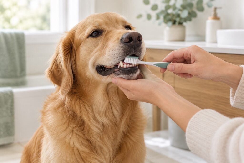 Dog having its teeth gently brushed with a dog toothbrush