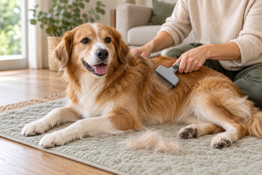 Dog being gently groomed with a deshedding tool
