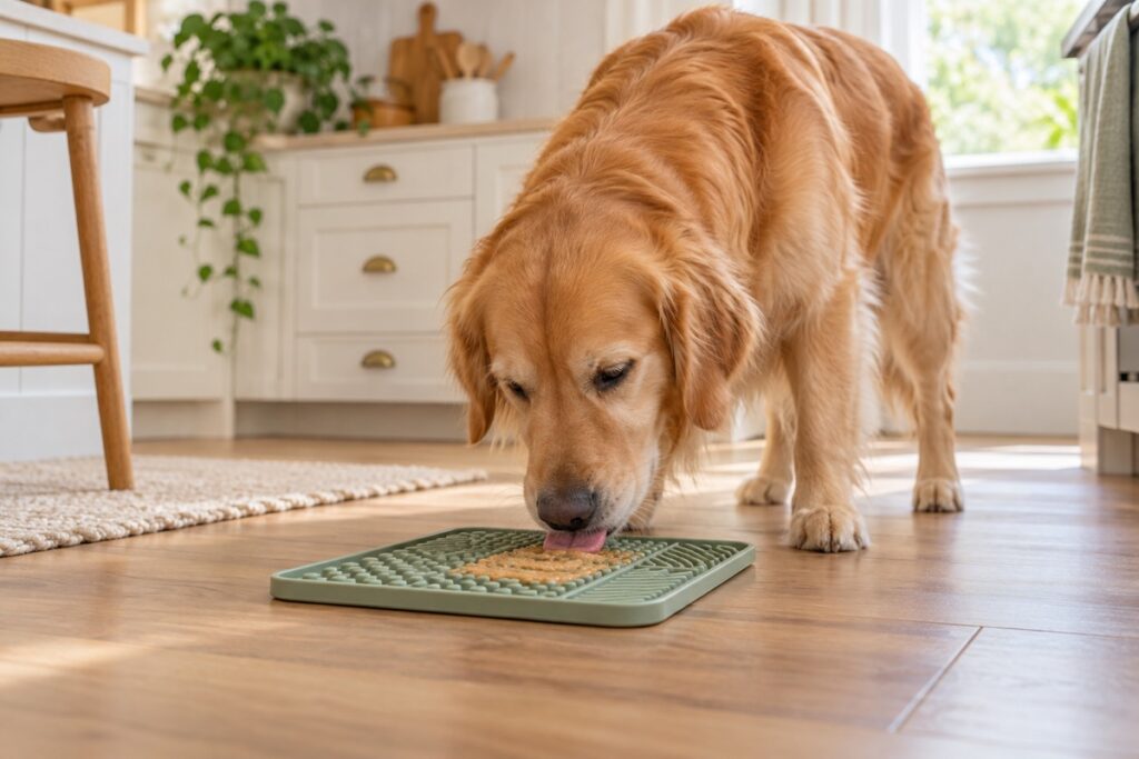 Dog using a textured silicone lick mat in a clean kitchen