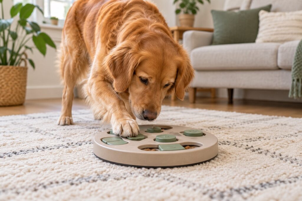 Dog playing with an interactive puzzle toy at home
