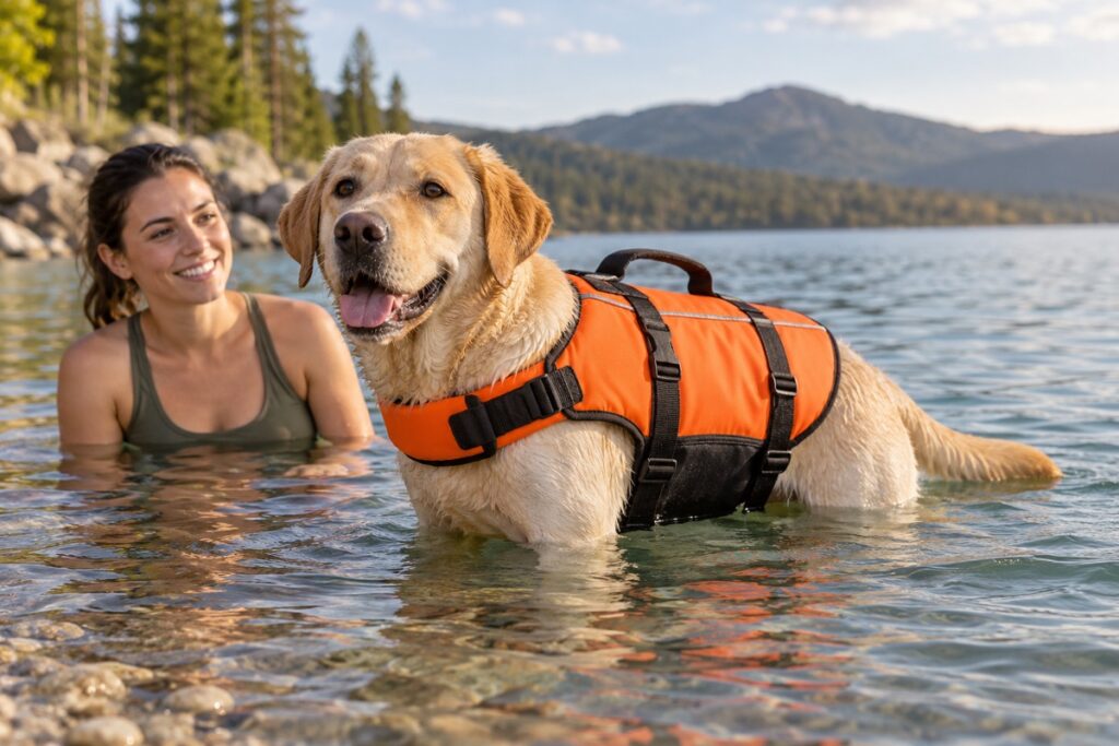 Labrador wearing a fitted orange life jacket in shallow water
