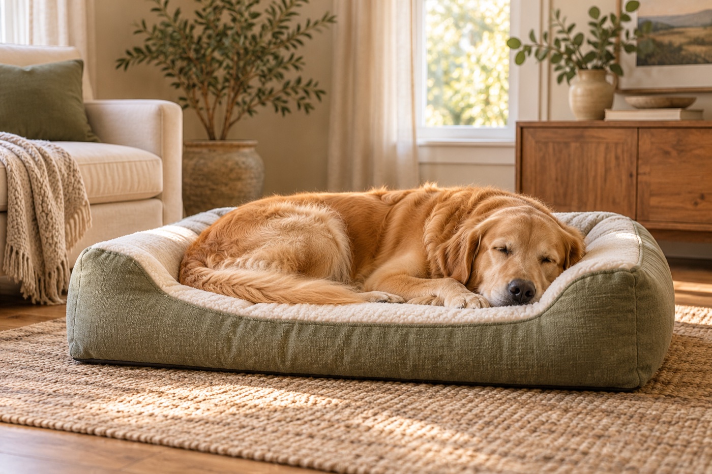 Large dog sleeping peacefully on a supportive sage green bed