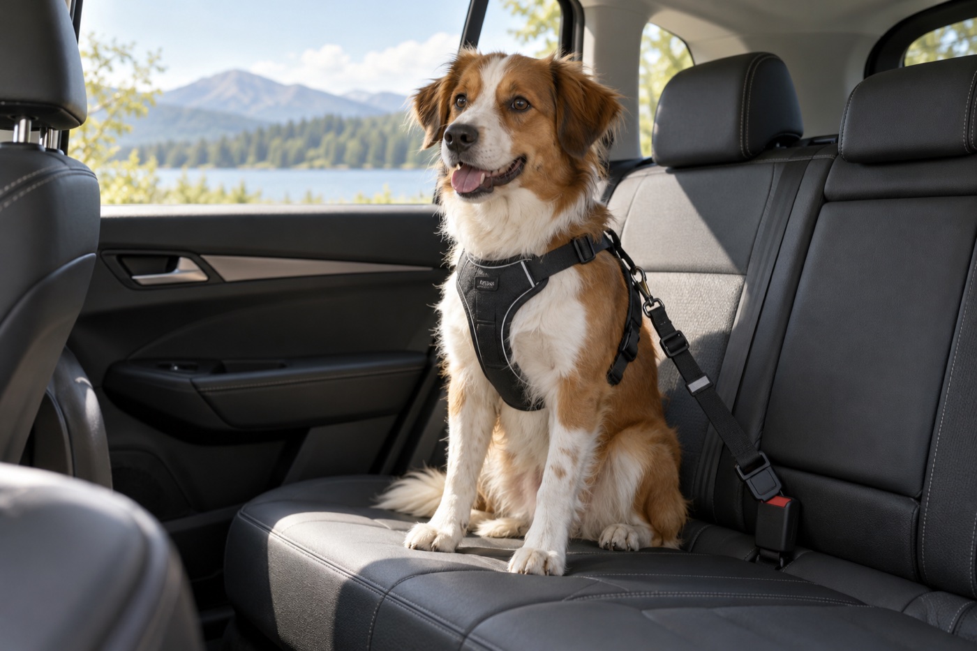 Dog wearing a travel harness in the back seat of a parked car