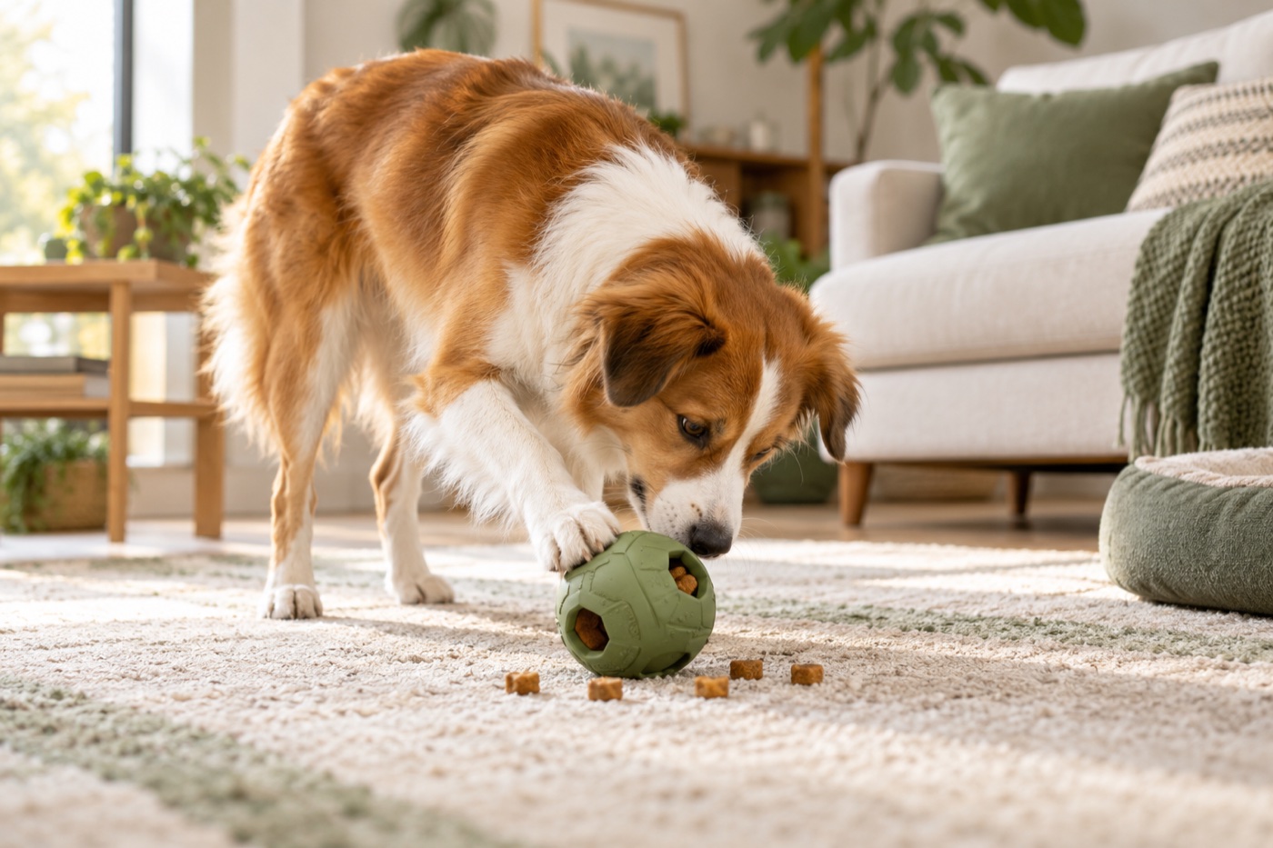 Dog enjoying a supervised enrichment toy at home
