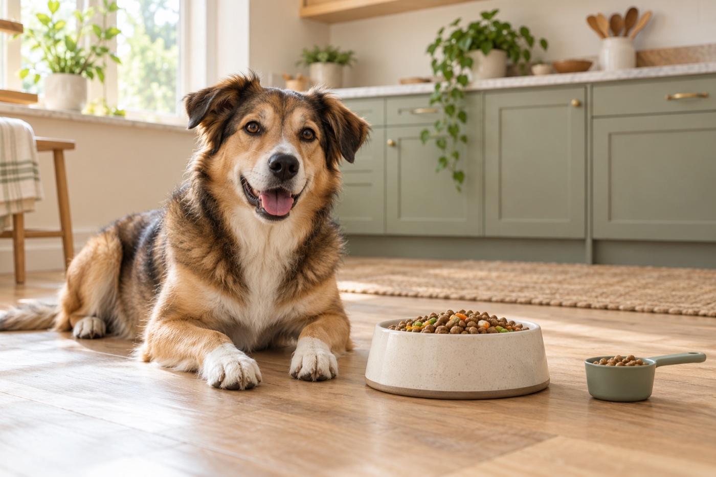 Adult dog beside a prepared food bowl in a calm kitchen