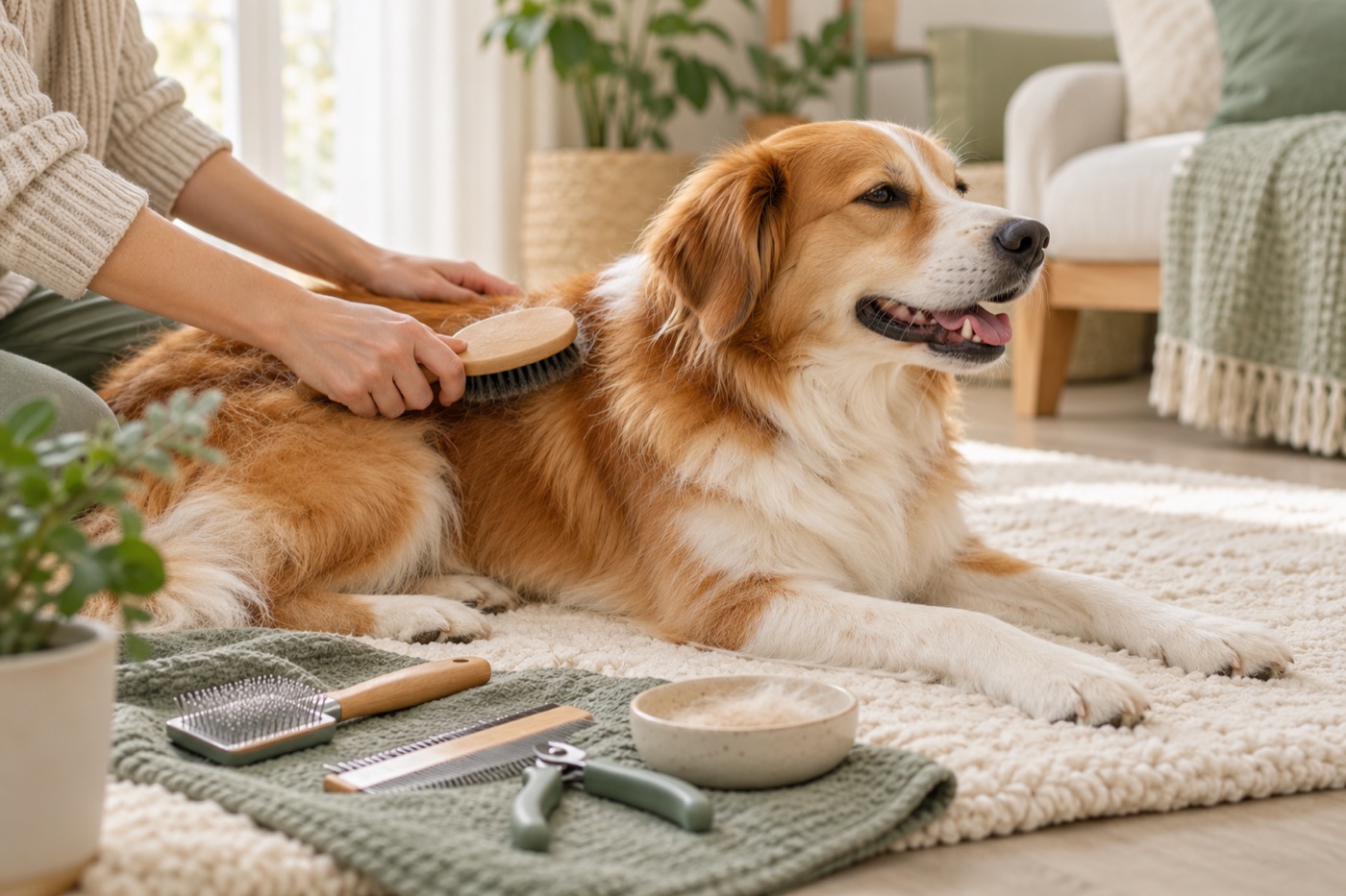 Calm dog being gently brushed during home grooming